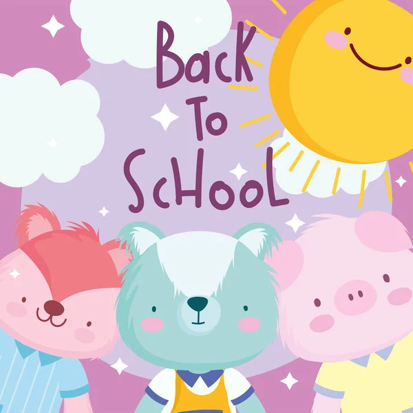 Volver a la escuela, lindo mapache cerdo gato sol dibujos animados diseño — Archivo Imágenes Vectoriales