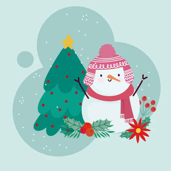 Feliz Natal bonitinho boneco de neve com árvore e decoração de flores —  Vetores de Stock