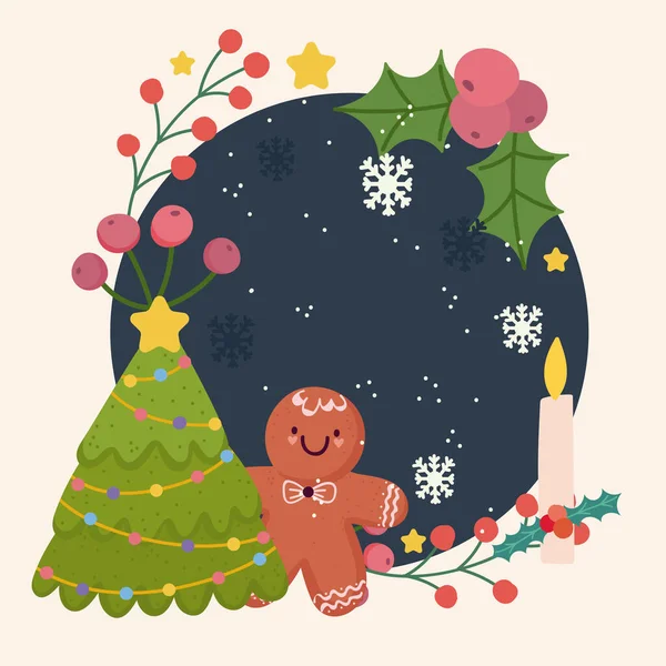 Frohe Weihnachten Lebkuchen Mann Baum Schneeflocken Kerze Dekoration Rahmen — Stockvektor