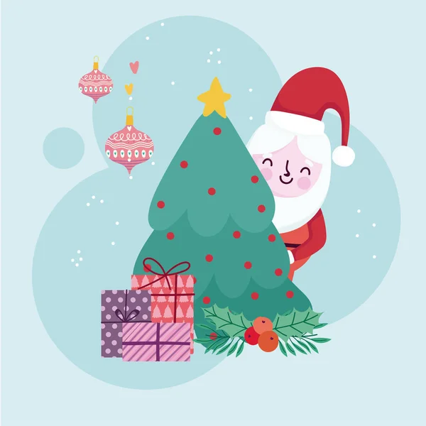 Frohe Weihnachten niedlich Weihnachtsbaum Geschenkboxen und Kugeln Dekoration — Stockvektor