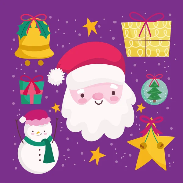 Veselé Vánoce, Santa sněhulák hvězda dárek dekorace a ozdoby sezóna ikony — Stockový vektor