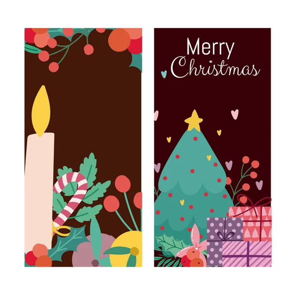 Merry christmas candle tree gifts and branches banner — Stock Vector