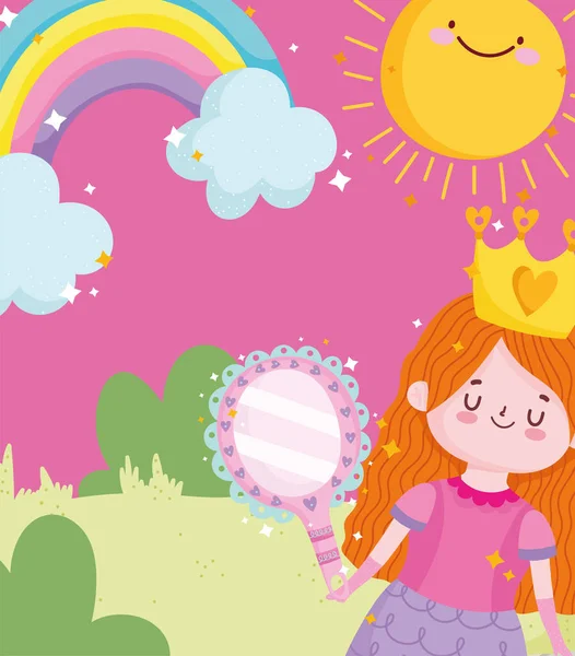 Schattig prinses met spiegel kroon regenboog en zon cartoon — Stockvector