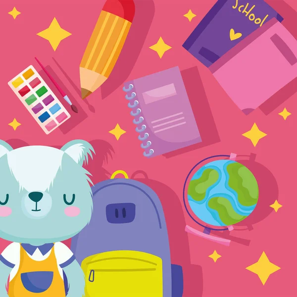 Retour à l'école, mignon sac à dos raton laveur livre carte crayon dessin animé — Image vectorielle