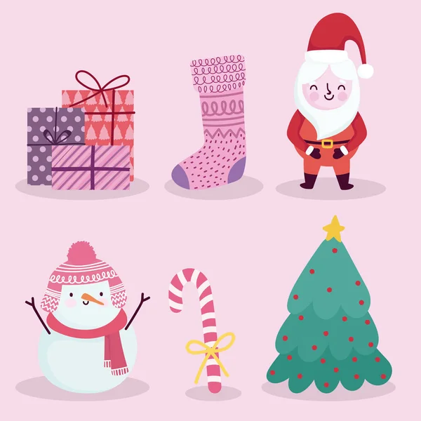 Allegre icone di Natale set Santa pupazzo di neve caramelle canna calzino regali e albero — Vettoriale Stock