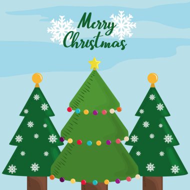 Mutlu noel ağaçları yıldız topları ve kar taneleri kartı