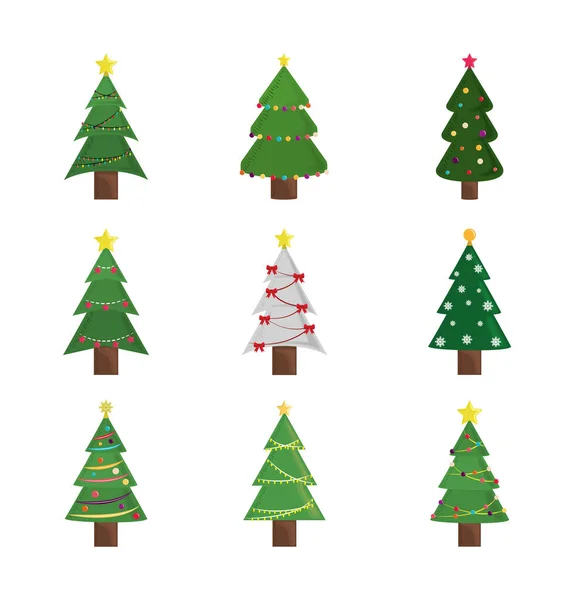Allegri alberi di Natale ornamento e decorazione set di icone — Vettoriale Stock