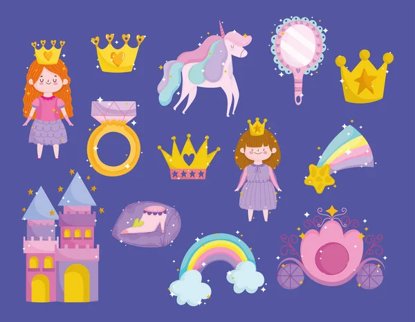 Принцеса єдинорога корона веселка зірка дзеркало кільце замок мультфільм іконки — стоковий вектор