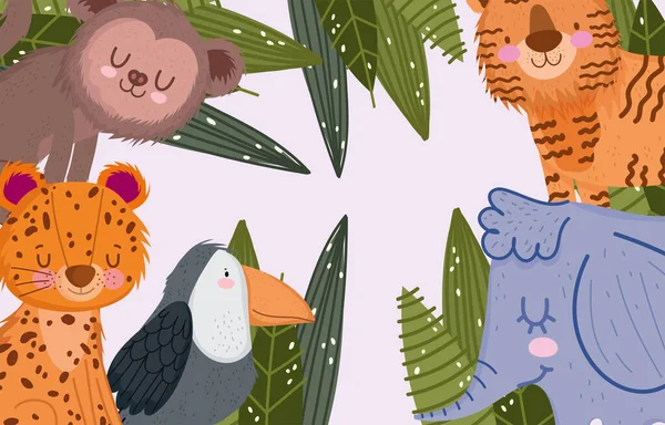 Милый леопардовый слон обезьяна тигр и попугай сафари животных и листвы мультфильм — стоковый вектор
