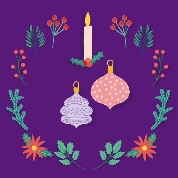 Frohe Weihnachten Kerze mit Kugeln Zweige Beeren Dekoration lila Hintergrund — Stockvektor