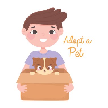 Evcil bir hayvan al, kutusunda köpek yavrusu olan mutlu bir çocuk.