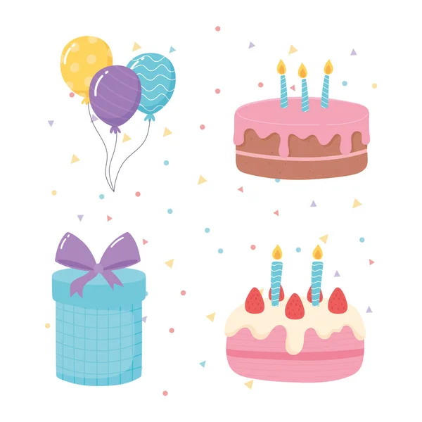 Happy birthday, cakes gift and balloons celebration party cartoon icons — Stock Vector