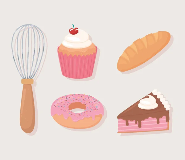 Ícones de padaria cupcake bolo donut e rolo de pino — Vetor de Stock