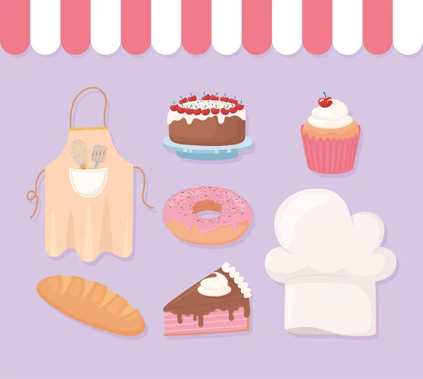 Ікони хлібобулочних магазинів пончик торт кекс пончик капелюх і фартух — стоковий вектор
