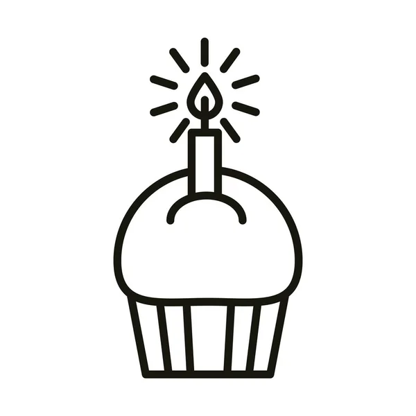 お誕生日おめでとうキャンドルお祝いパーティーで甘いカップケーキ、ラインアイコンスタイル — ストックベクタ