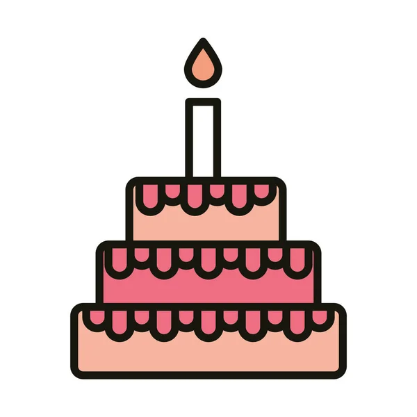 Happy birthday sweet cake with candle celebration party, line and fill style — Stock Vector