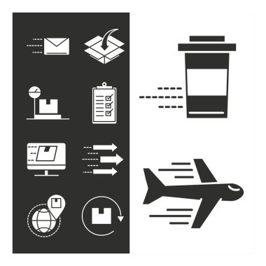 Teslimat hizmeti restoranı kargo alışveriş ikonları siluet tarzı ayarlandı