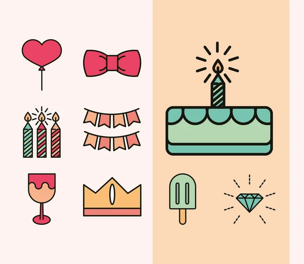 Joyeux anniversaire icônes collection, gâteau bougie tasse de crème glacée et ballon — Image vectorielle