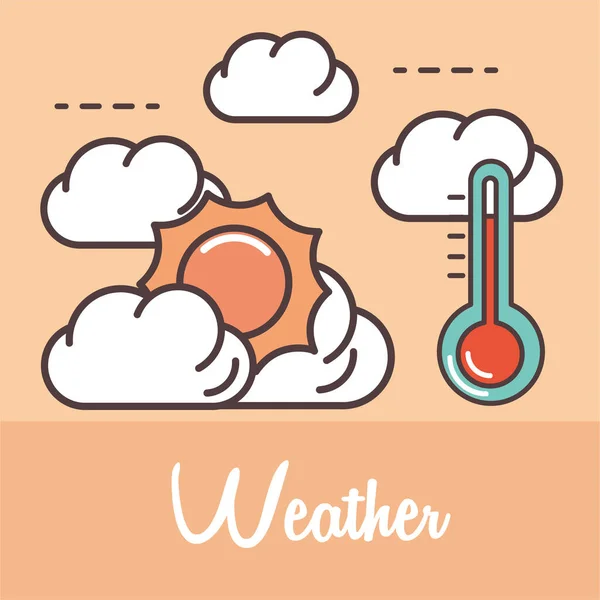 Időjárás meleg hőmérséklet napsütés nap és felhők vonal és töltse ki stílus — Stock Vector