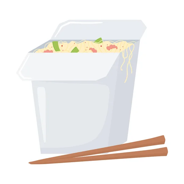 Comida rápida, fideos chinos con palillos icono diseño aislado — Vector de stock