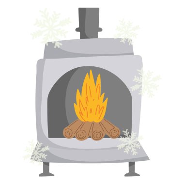 Geleneksel odun sobası ve kar taneleri.