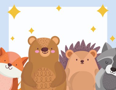 Noel tatlı ayı tilki kirpi ve rakun hayvan çizgi film kartı.