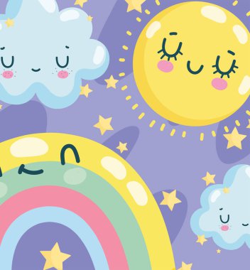 Hava güzel güneş bulutu ve gökkuşağı yıldızlı gökkuşağı süslemesi