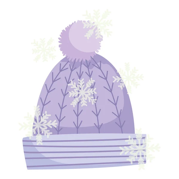 Sombrero de punto de invierno con pompón y copos de nieve icono — Vector de stock