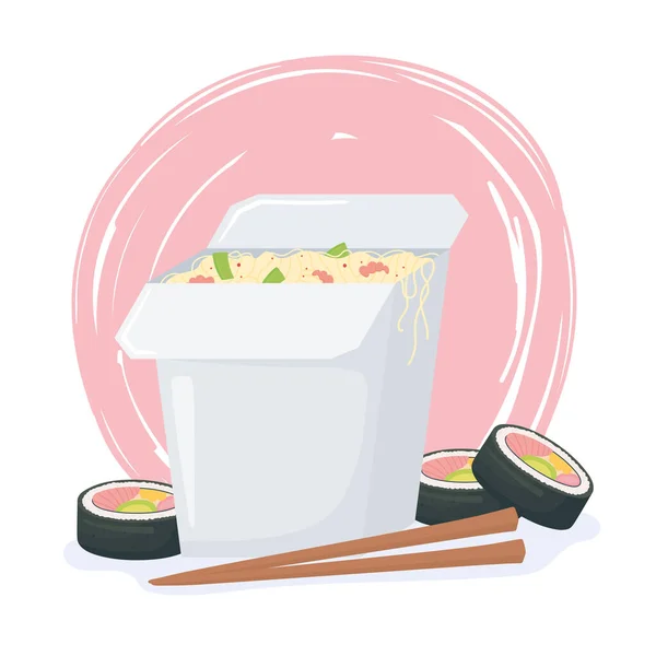 Comida rápida, fideos de sushi chinos con diseño de palillos — Vector de stock