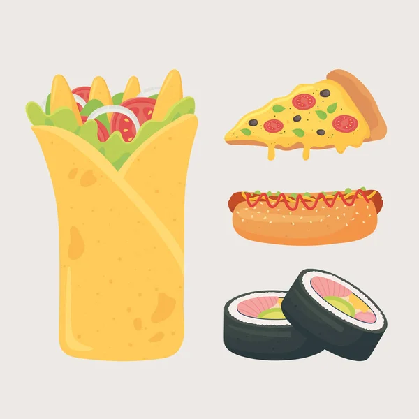 Fast Food, Burrito Sishi Hot Dog und Pizza-Ikonen — Stockvektor