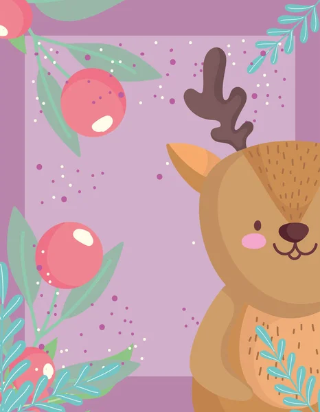 Boże Narodzenie mały renifer Holly jagoda zima zwierzę kreskówki — Wektor stockowy