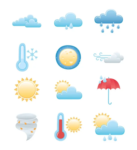 Weather icons set, rainy winter summer sun night moon cloud sun hot and cold — Stock Vector