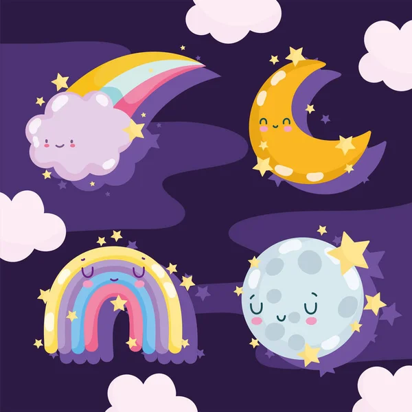 Weather cute rainbows whole and half moon stars and clouds decoration — Stock Vector