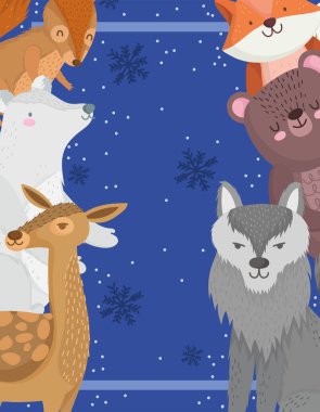 Noel Kurdu Ren geyiği tilkisi ve sincap hayvanı kar taneleri.