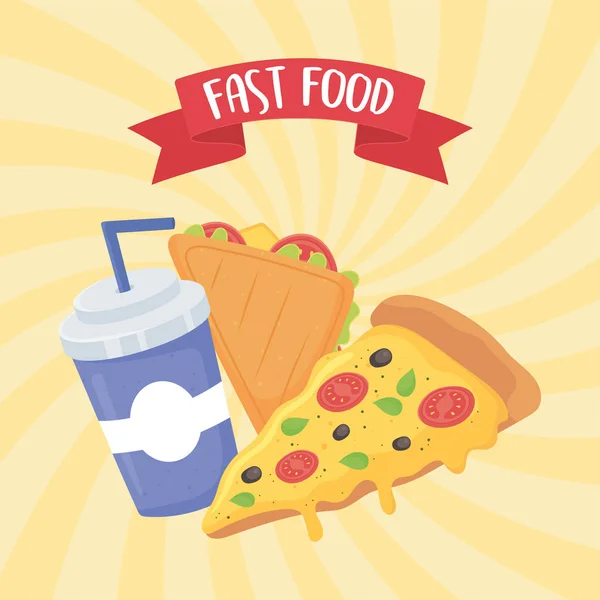 Comida rápida, pizza sándwich y soda con póster de paja — Vector de stock