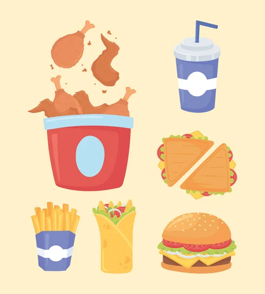 Fast food, sanduíches de frango batatas fritas hambúrguer e refrigerante — Vetor de Stock