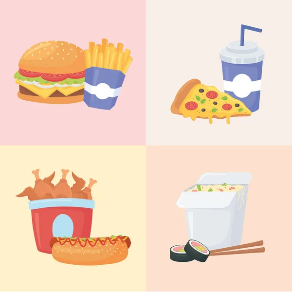 Comida rápida, con hamburguesa papas fritas pizza soda sushi y pollo — Vector de stock