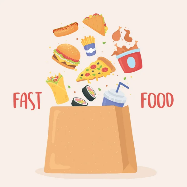 Fast food, wpadające do papierowej torby pizza burger chicken burrito soda — Wektor stockowy