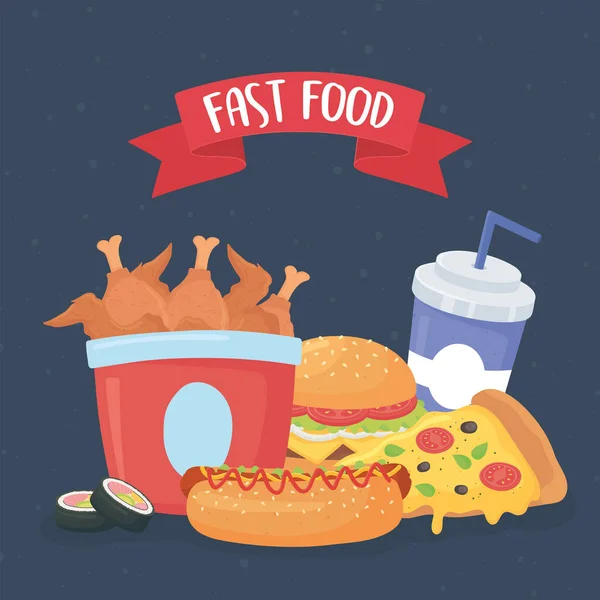 Fast food, pizza burger tavuk sosisli ve soda. — Stok Vektör