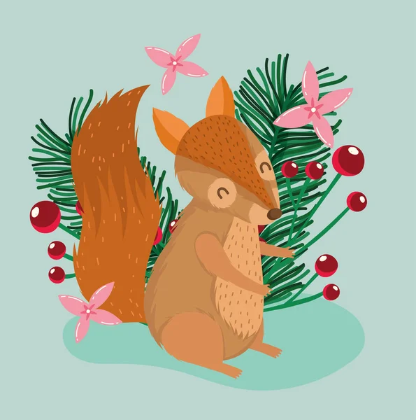 Navidad pequeña ardilla acebo baya y flores invierno animal tarjeta de dibujos animados — Vector de stock