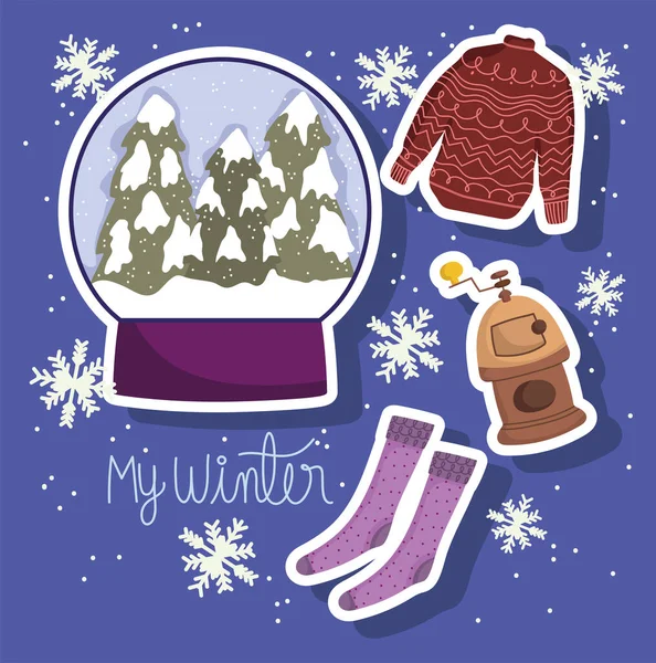 Winter snowball socks sweater and wood stove icons set — Stock Vector