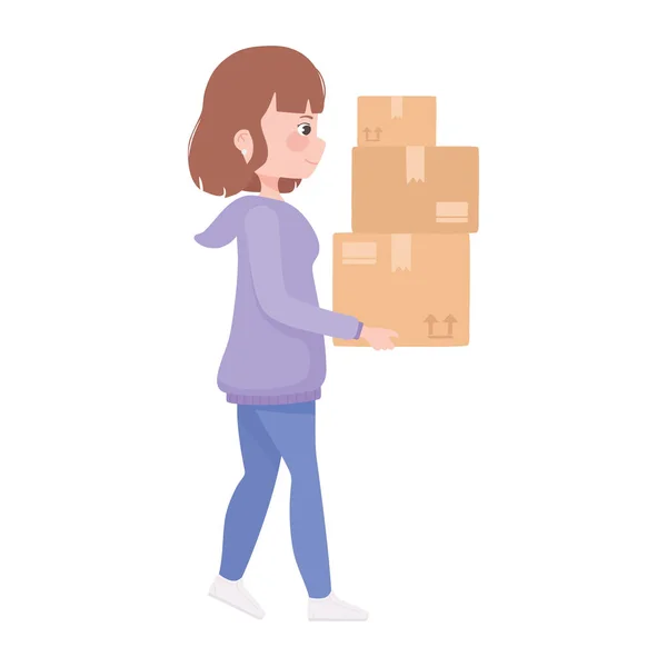 Νεαρή γυναίκα που μεταφέρουν κουτιά από χαρτόνι κινούμενα σχέδια — Διανυσματικό Αρχείο