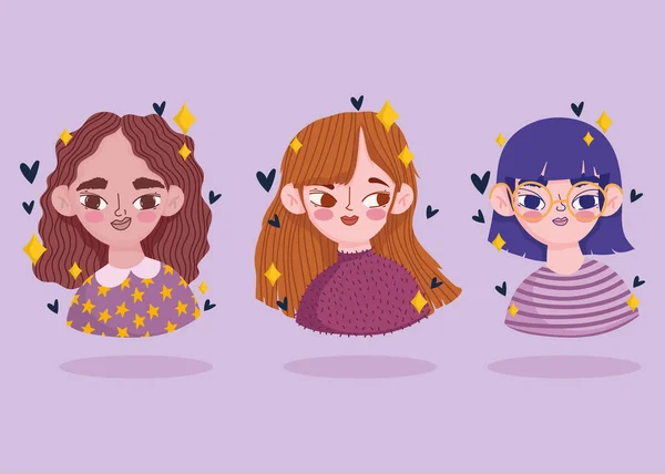 Retrato de dibujos animados tres chicas jóvenes iconos femeninos — Vector de stock