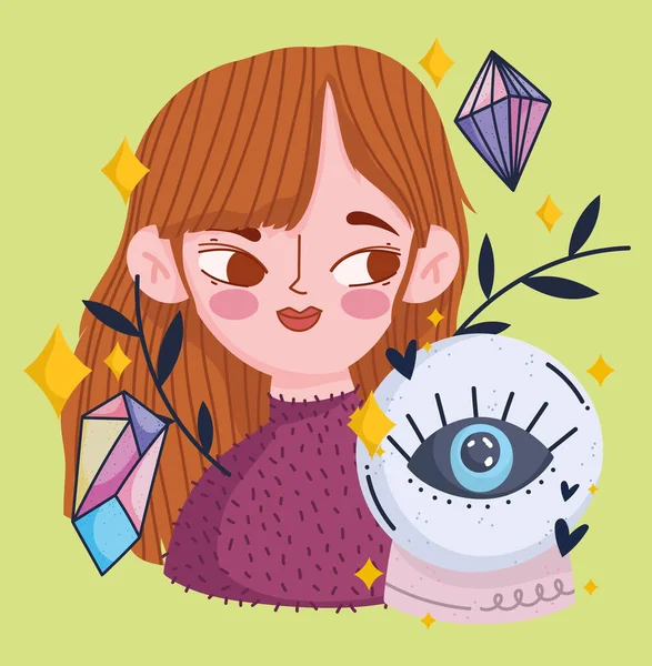 Magic cute girl with crystal ball and lucky cartoon — Stockvector