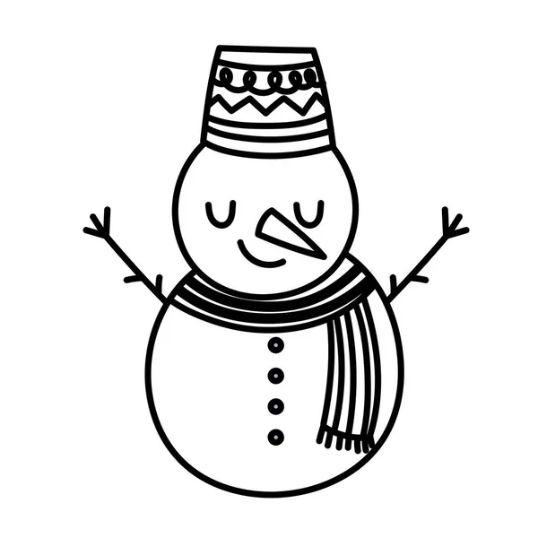 Weihnachten Schneemann Charakter mit Schal und Hut Linie Ikone Stil weißen Hintergrund — Stockvektor