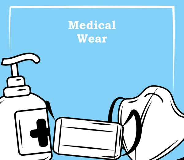 Abbigliamento medico come gel maschera igienizzante e spray attrezzature protettive stile schizzo — Vettoriale Stock