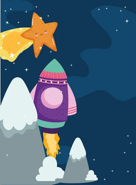 Space adventure launch spaceship shooting star cute cartoon — Stock vektor