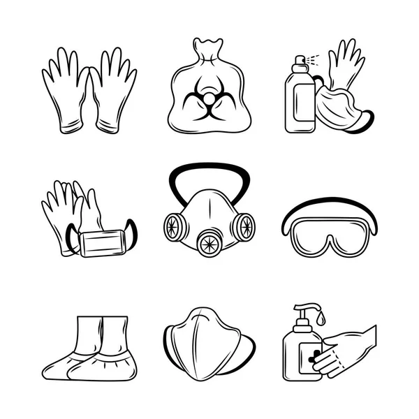 Медицинская одежда защитное оборудование иконка маска лица, перчатки, обувь крышка, стиль эскиз биологических отходов — стоковый вектор