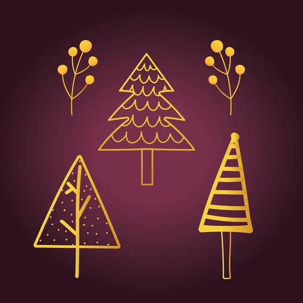 Feliz año nuevo 2021 iconos de oro establecer diferentes árboles y follaje — Archivo Imágenes Vectoriales