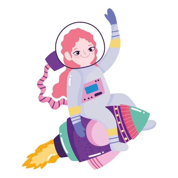 Espacio aventura galaxia dibujos animados astronauta chica cohete — Vector de stock